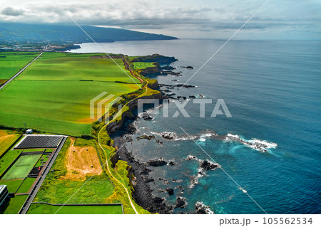 Drone point of view, picturesque nature of Azores Drone point of view, picturesque nature of Azores 105562534