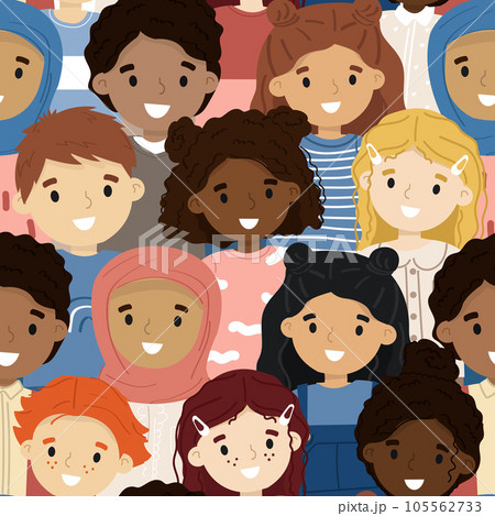 Seamless pattern with a multiethnic group of children. Seamless pattern with a multiethnic group of children. 105562733