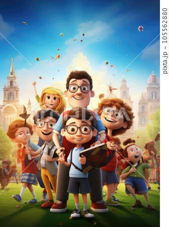Back to School Adventure. Funny and Happy 3D Character Poster with Friends Ready for a Joyful School Journey. Back to School Adventure. Funny and Happy 3D Character Poster with Friends Ready for a Joyful School Journey. 105562880