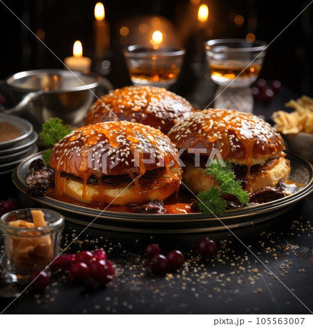 Delicious grilled burgers. Fresh tasty burger on bokeh background. Delicious grilled burgers. Fresh tasty burger on bokeh background. 105563007