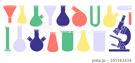 Laboratory glass equipment. Laboratory glasses for chemistry experiments. Conical flask, glass beaker, round bottom flask, filter funnel, microscope. 105563816