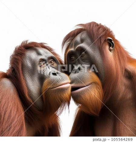 Male orangutan kissing female, cute monkey family, close-up on white background 105564269