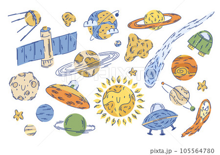 Set of space elements on a white background, satellites among the planets and stars, spacecraft 105564780