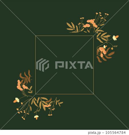 Square floral frame framed along the contour with field plants in autumn colors on green background 105564784