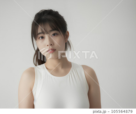 髪を後ろでまとめた白いトレーニングシャツを着た女性　「AI生成画像」 105564879