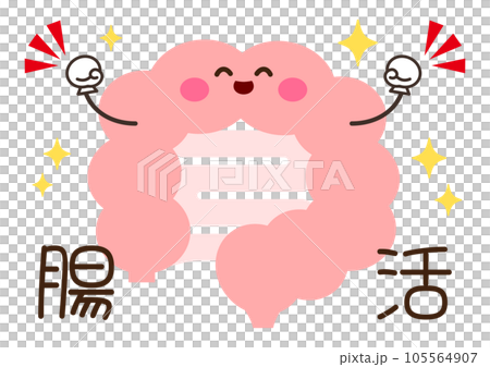 にっこりと元気な腸のキャラクターイラストと腸活の文字 105564907