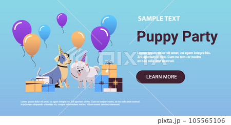 Happy national dog day greeting card cute doggy posing in hats holiday of domestic animals concept horizontal 105565106