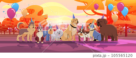 Happy national dog day greeting card various cute doggy posing in hats holiday of domestic animals concept horizontal 105565120