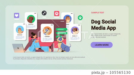 girl owner using pet app on laptop cute dogs best friends domestic animals social media application concept horizontal 105565130