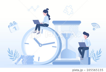 Time management concept. Business people engaged in effective work time management, planning, and financial investment to profitability. Flat vector design illustration. 105565135