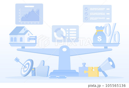 Business ideas concept. Variety elements of weight scale balance, compare property investment, strategy management, tactical benchmark, statistic report. Flat vector design illustration. 105565136