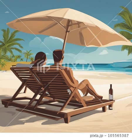 Family sunbathe in sun loungers on tropical beach Family sunbathe in sun loungers on tropical beach 105565387