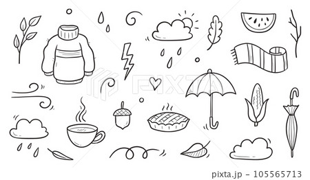 Autumn doodle vector set. Hand drawn doodle sketch style nature fall season, autumn icon background. Autumn falling leaves, wind season, umbrella sketch elements. Vector 105565713