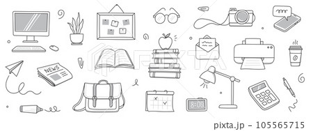Office work doodle set. Office computer, work desk, notebook doodle icon. Hand drawn sketch style illustration. Business, school education hand drawn elements. Vector Office work doodle set. Office computer, work desk, notebook doodle icon. Hand drawn sketch style illustration. Business, school education hand drawn elements. Vector 105565715