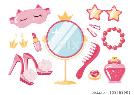 Set of various accessories for girl dolls in pink. 105565901