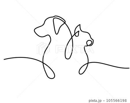 Pet symbol with cat and dog profiles. Continouos one line drawing. Pet symbol with cat and dog profiles. Continouos one line drawing. 105566198