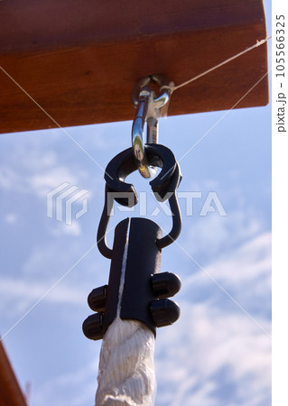 Rope clasp metal hook for climbing exercises. 105566325