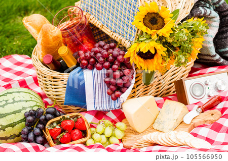 Summer picnic with a basket of food in the park. Summer picnic with a basket of food in the park. 105566950