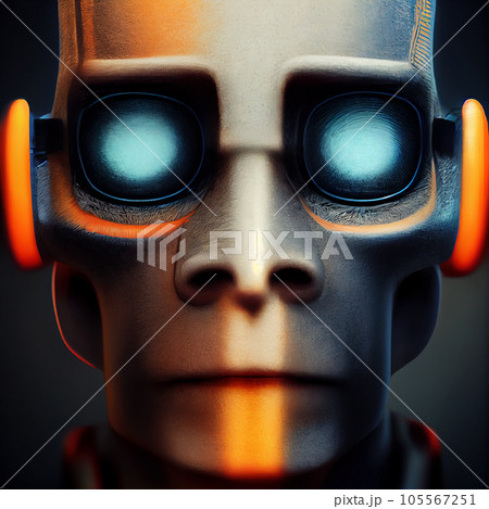 The face of a modern robot with glowing eyes in gradient shades. AI-generated 105567251