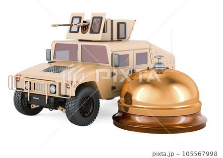 Military truck with reception bell, 3D rendering 105567998