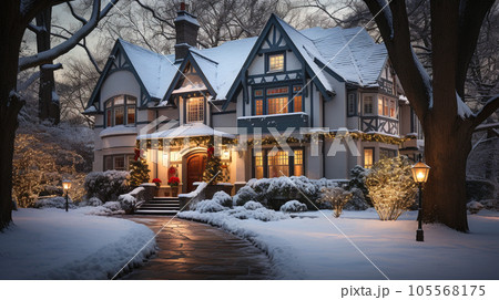 Beautiful Christmas Decorated House on A Winter Evening. Beautiful Christmas Decorated House on A Winter Evening. 105568175