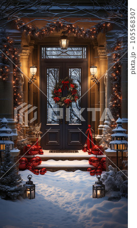 Beautiful Christmas Decorated Front Door and Porch of A House on A Winter Evening. Beautiful Christmas Decorated Front Door and Porch of A House on A Winter Evening. 105568307