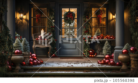 Beautiful Christmas Decorated Front Door and Porch of A House on A Winter Evening. 105568398