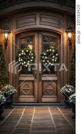 Beautiful Christmas Decorated Front Door and Porch of A House on A Winter Evening. 105568420