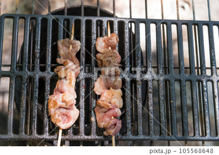 【オートキャンプ場でソロキャンプ　熾火で焼き鳥カルビを焼く】 105568648