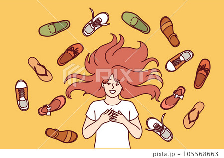 Happy teenage girl lies among shoes scattered on floor, choosing what to wear for walk in park 105568663