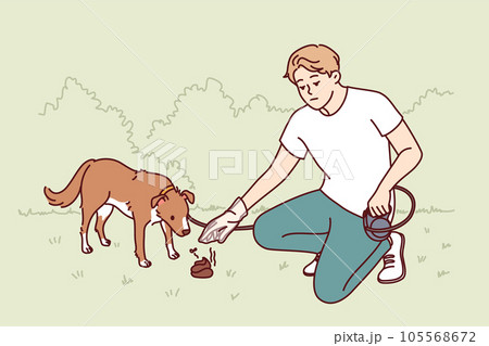 Man walking dog puts excrement own puppy in plastic bag so as not to pollute park. Man walking dog puts excrement own puppy in plastic bag so as not to pollute park. 105568672
