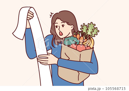 Woman with cashier check and bag of groceries surprised by increase in prices due to inflation 105568715