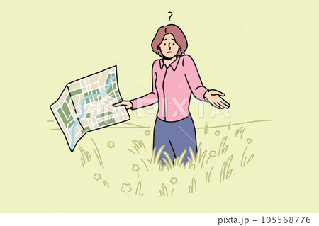 Lost woman with map stands in field and shrugs shoulders, not knowing where to go to find way home 105568776