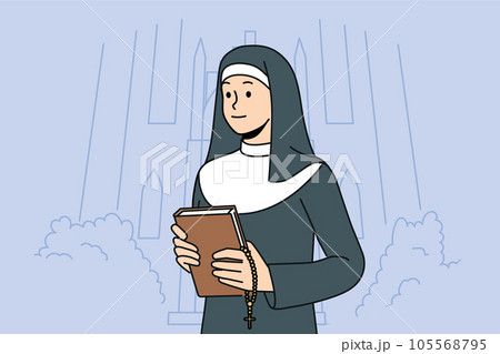 Woman nun with bible stands near church calling to visit christian shrines and study prayers Woman nun with bible stands near church calling to visit christian shrines and study prayers 105568795