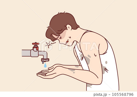 Emaciated guy near faucet with dripping water is trying to survive during drought and wash 105568796