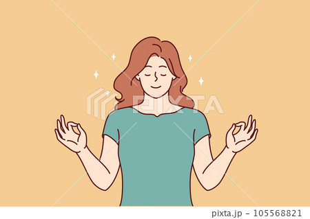 Serene woman meditating making mudra gesture and practicing yoga to bring thoughts in order Serene woman meditating making mudra gesture and practicing yoga to bring thoughts in order 105568821