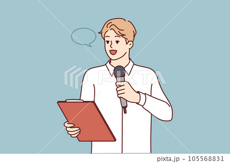 Events emcee man holding microphone and clipboard reading toast to guests of wedding ceremony 105568831
