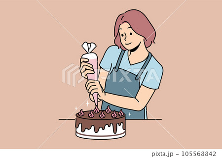 Woman confectioner prepares delicious cake for birthday party and decorates chocolate dessert 105568842