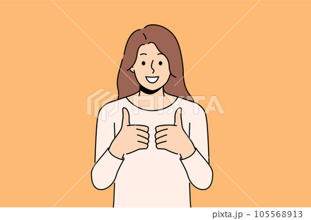Woman with smile gives two thumbs up in agreement with your proposed course of action 105568913
