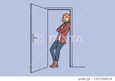 Cheerful woman stands in doorway with arms crossed and saying goodbye to guests. Cheerful woman stands in doorway with arms crossed and saying goodbye to guests. 105568914