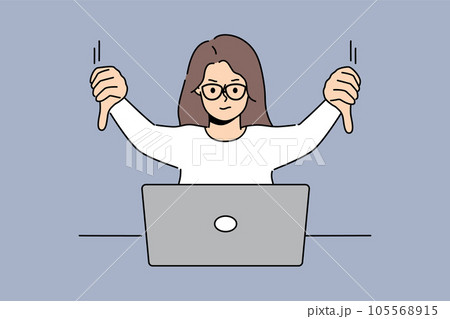 Woman freelancer showing thumbs down sitting in front of laptop and making video call to colleagues Woman freelancer showing thumbs down sitting in front of laptop and making video call to colleagues 105568915