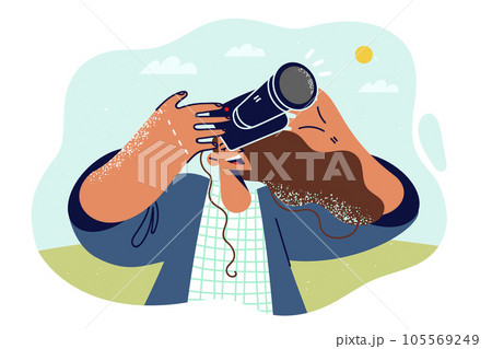 Woman with camera smiles and takes picture of sky to capture summer trip for social networks 105569249