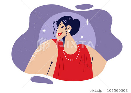 Woman stands in spotlight dressed in red luxurious dress with expensive necklace and earrings 105569308