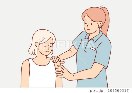 Woman fitness instructor massages shoulder of athlete helping to warm up before training Woman fitness instructor massages shoulder of athlete helping to warm up before training 105569317