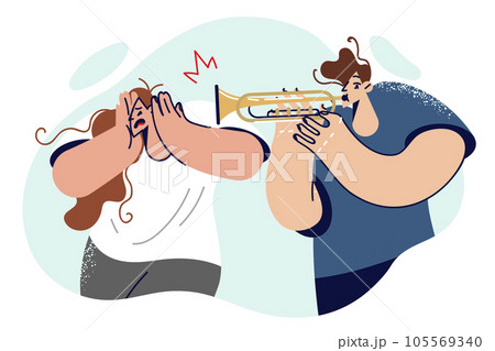 Man plays trombone, causing discomfort to woman covers ears and does not want to listen to music 105569340
