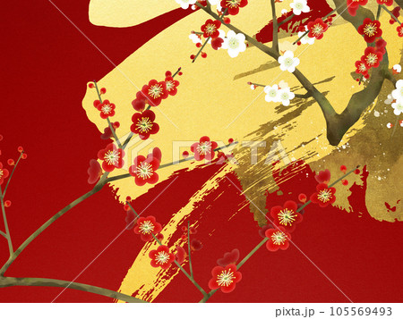 紅白の梅をあしらった和風背景 105569493