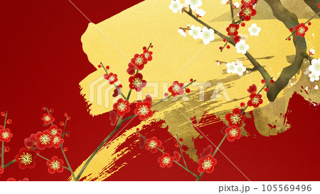 紅白の梅をあしらった和風背景 105569496