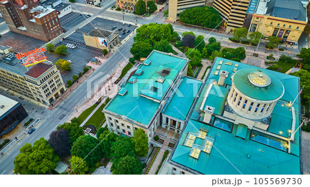 Aerial over Ohio state house building with Dispatch newspaper building nearby 105569730