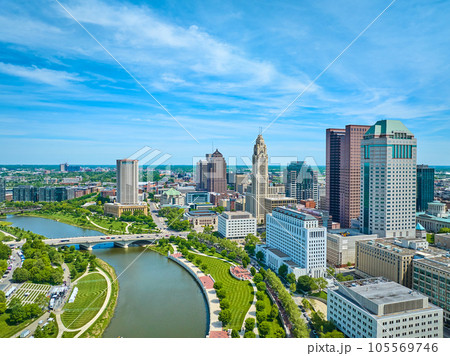 Aerial Columbus Ohio with river greenway and promenade next to downtown buildings 105569746