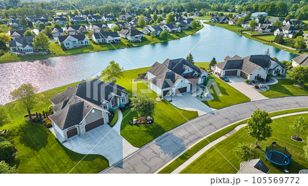 Large houses next to pond view and trampoline neighborhood aerial Large houses next to pond view and trampoline neighborhood aerial 105569772